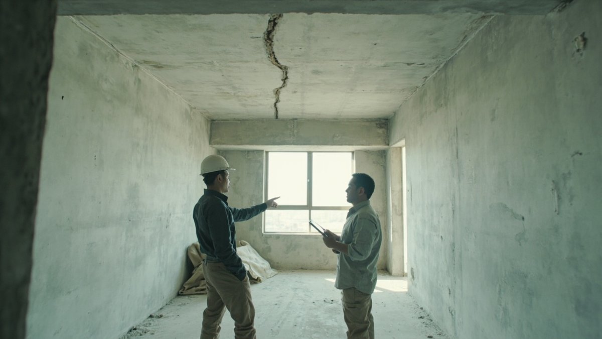 Contractor and homeowner inspecting a ceiling crack together inside a stripped unit