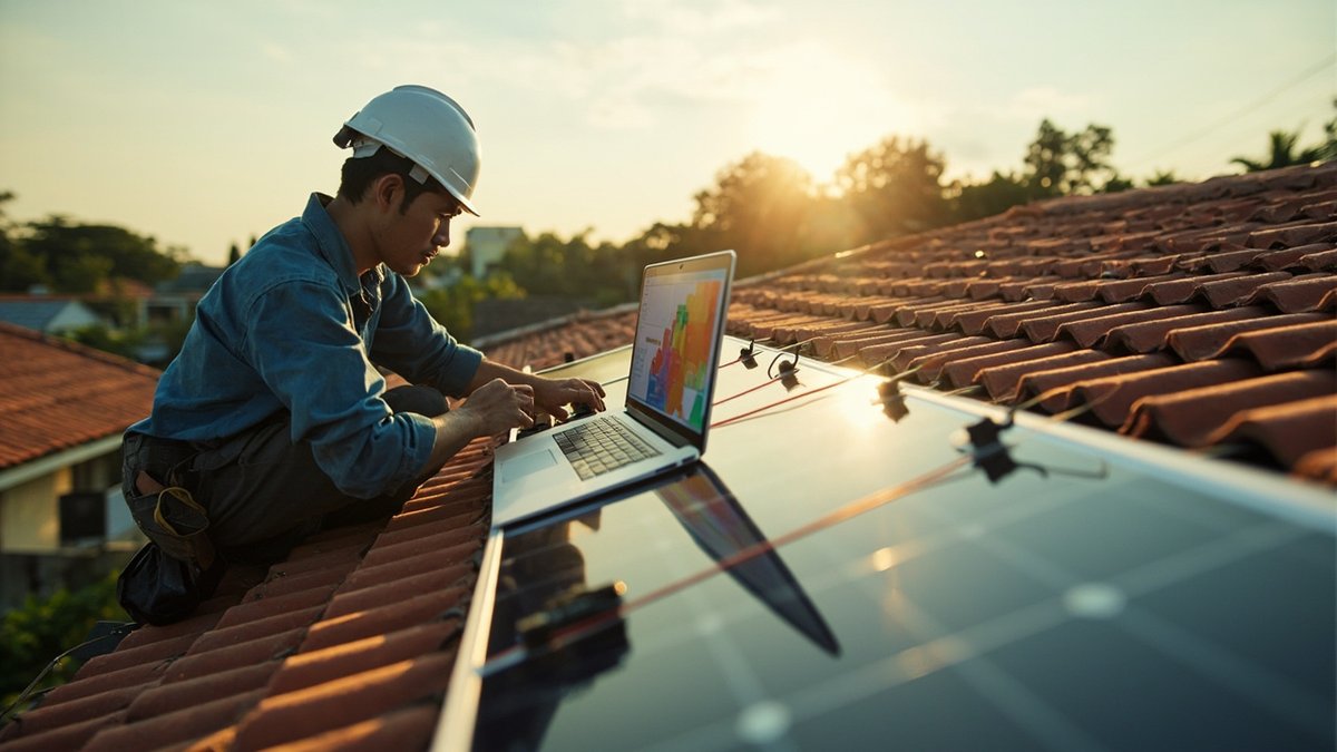 Pemasang solar bertopi keselamatan menyemak data pada komputer riba di sebelah panel solar bumbung ketika matahari terbenam