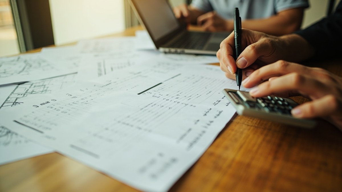 Reviewing an itemised renovation quotation with a pen and calculator