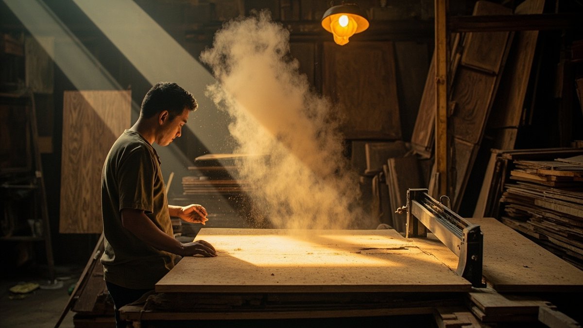 Tukang kayu memotong panel papan lapis untuk kabinet built-in di bengkel kecil Malaysia