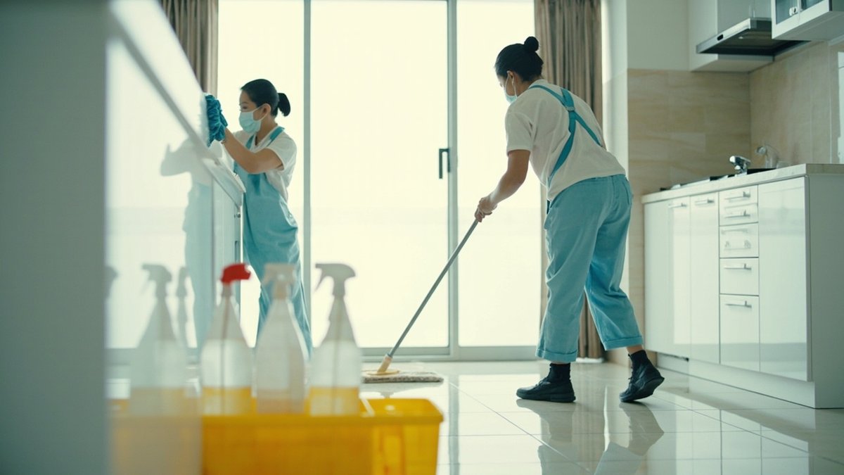 清洁工在新租客入住前,对空置出租单位的厨房进行深度清洁