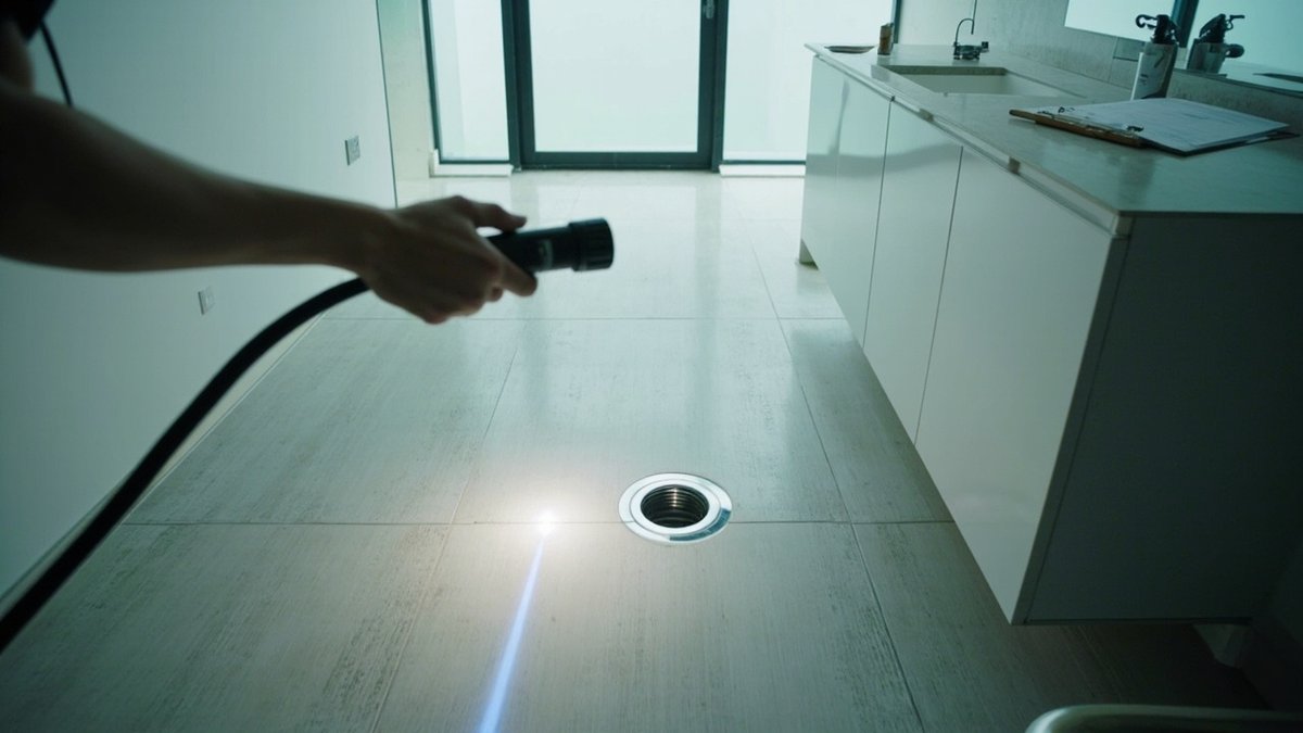 Inspector testing a new condo bathroom floor trap with a torch and moisture meter