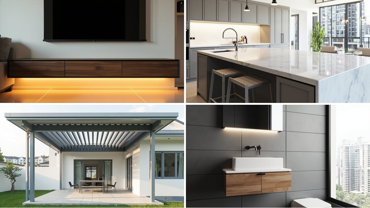 Collage of four illustrative concept designs: a floating walnut TV console with LED underlight, a marble-look waterfall kitchen island with stools, an aluminium louvre patio roof and a floating oak bathroom vanity