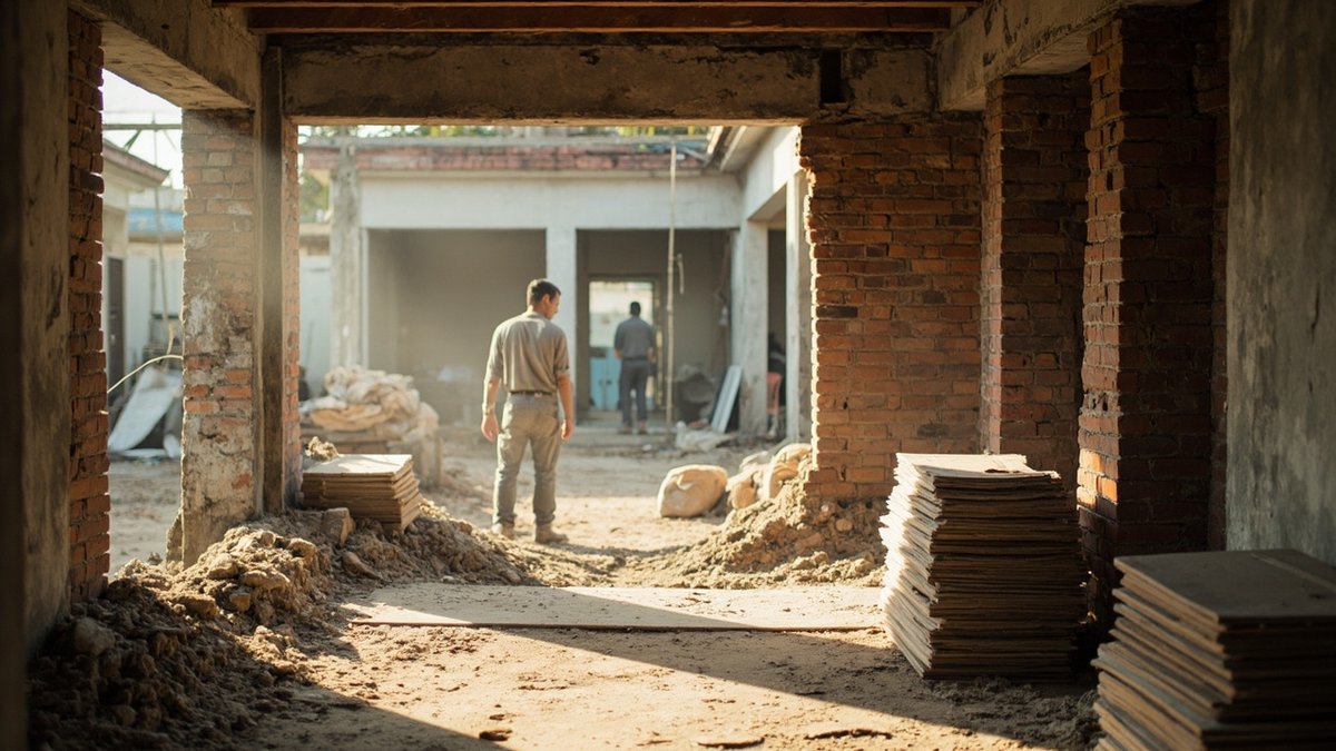 一栋有地排屋内部正在进行全面装修,新瓷砖堆放一旁