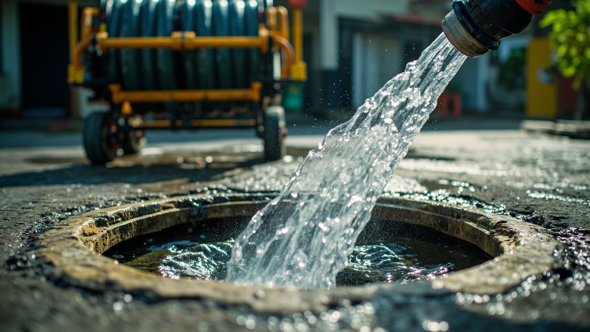 High-pressure hydro-jetting hose clearing an outdoor drain in a Malaysian housing area