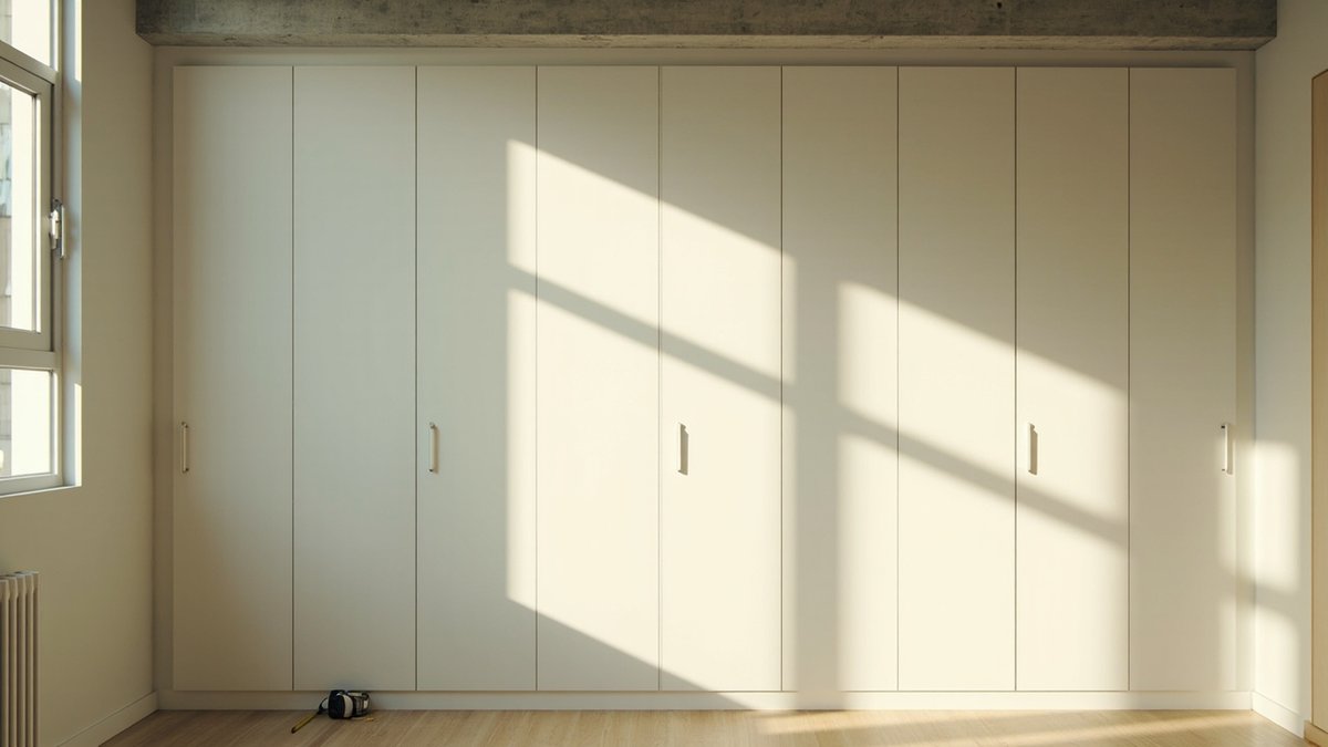 Almari modular di bilik tidur kondo dengan ruang kosong antara bahagian atasnya dan rasuk siling