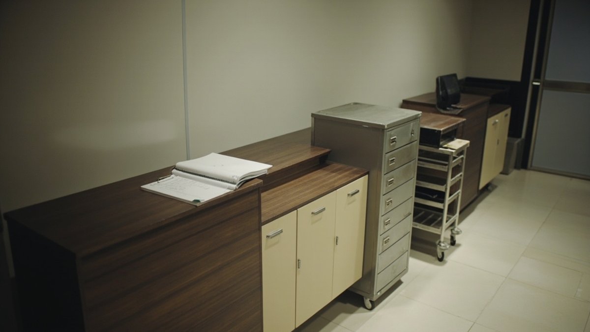 Building management counter with a maintenance log book, key cabinet and tool trolley