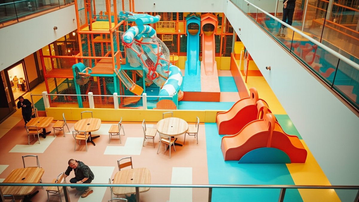 Colourful soft-play structure with slides and nets over padded flooring, seen from the parents' seating area