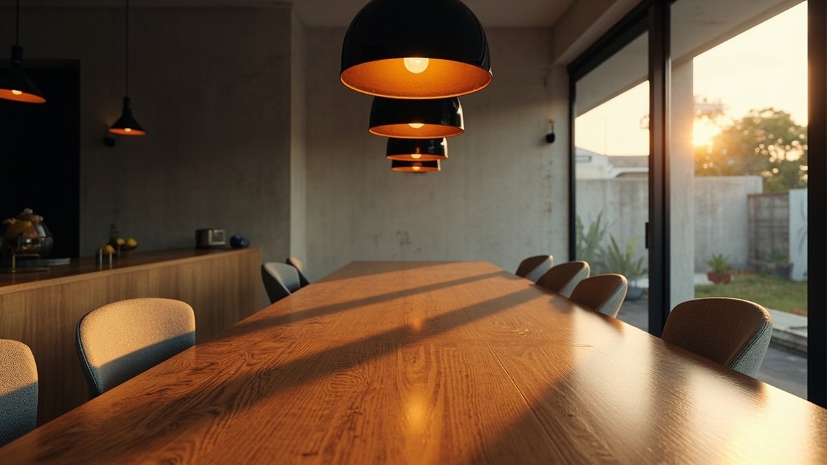 Illustrative concept design: terrace dining with black enamel dome pendants over a long solid timber table and grey upholstered chairs