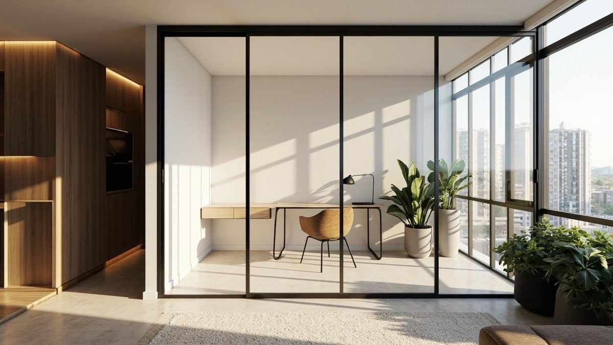 Illustrative concept design: small study closed off by full-height black-framed glass panels, seen from the living area