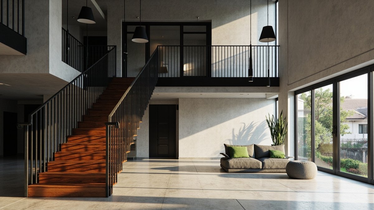 Illustrative concept design: double-volume terrace hall with a timber staircase, a slim black steel balustrade and black drum pendants
