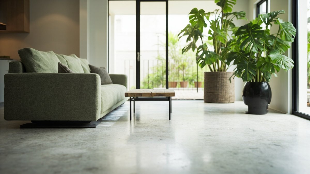 Illustrative concept design: terrace living room with a seamless pale grey epoxy floor, a sage green sofa and large monstera plants