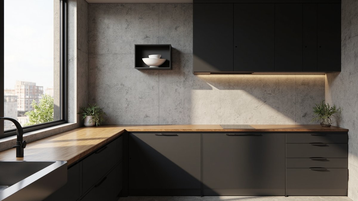 Illustrative concept design: condo kitchen with matt charcoal cabinet doors, a timber worktop and a concrete-effect backsplash