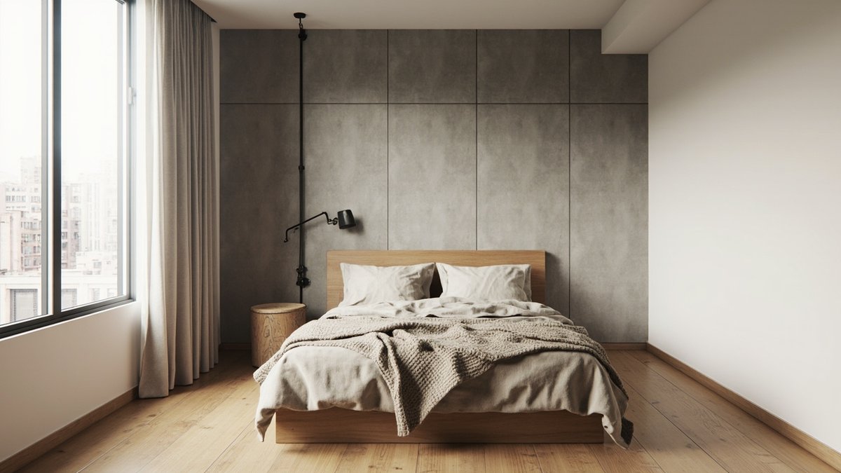 Illustrative concept design: soft industrial bedroom with a concrete-effect panelled wall behind a low oak bed and a black conduit-fed wall lamp
