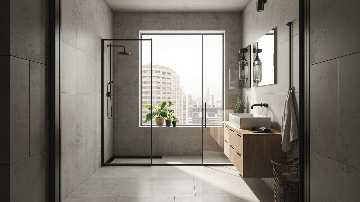 Illustrative concept design: industrial bathroom with concrete-look tiles, a black-framed walk-in shower and a timber vanity under cage lights