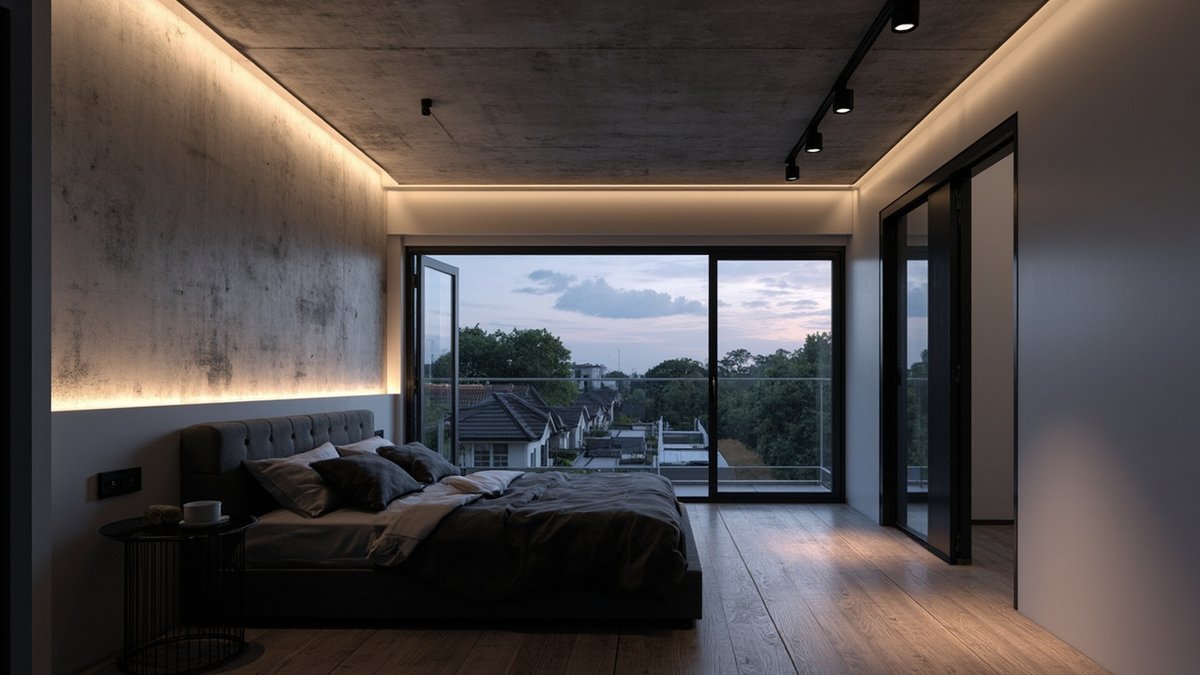 Illustrative concept design: master bedroom with an exposed concrete ceiling, black track spots and a dark grey bed, overlooking terrace roofs