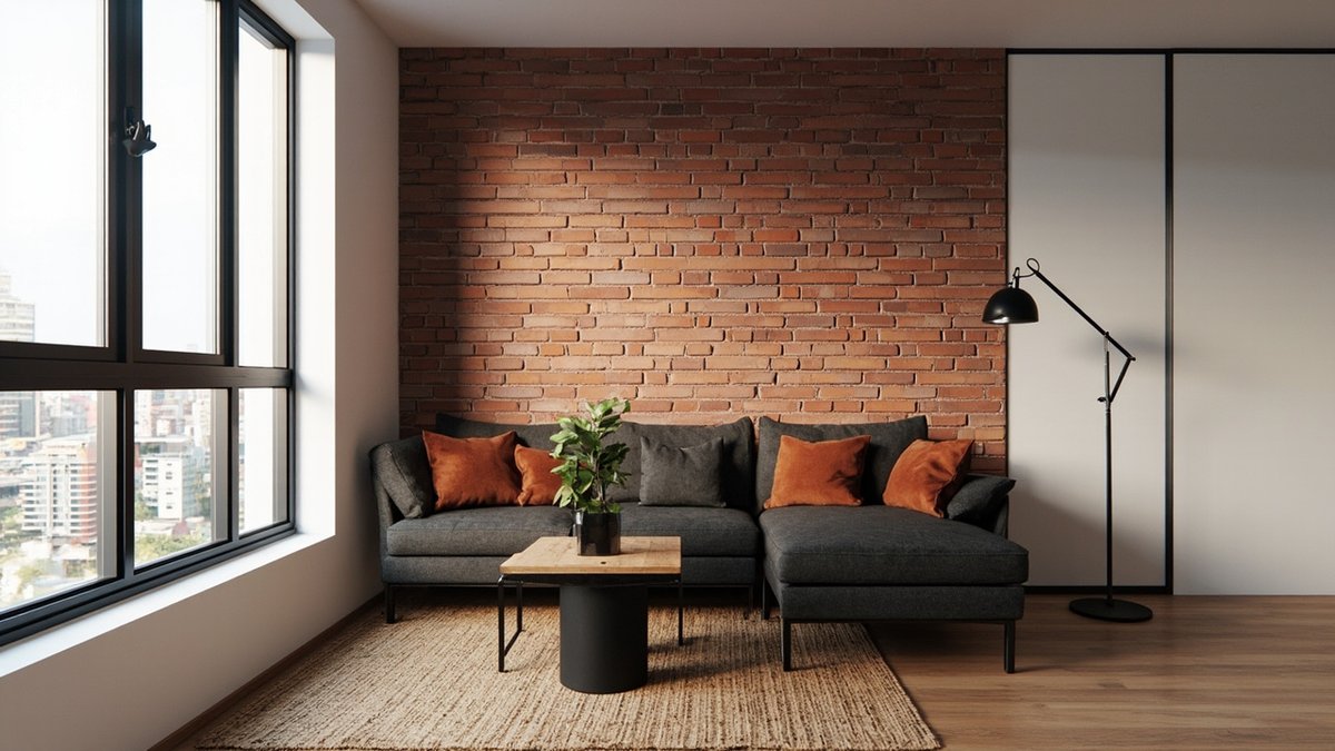 Illustrative concept design: condo living room with a red-brown brick slip wall behind a charcoal L-shaped sofa with rust cushions