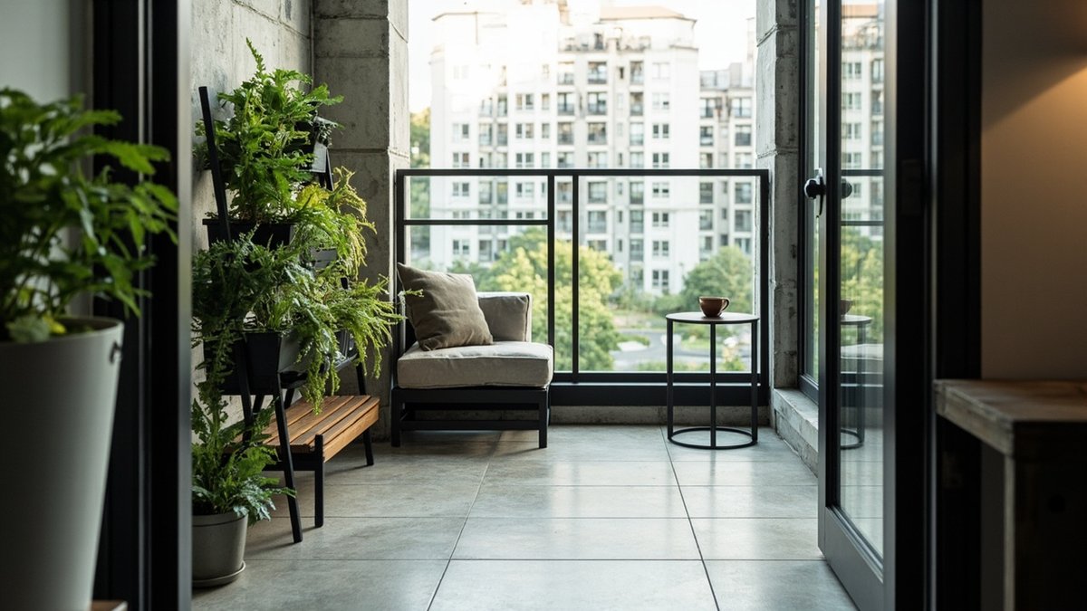 Illustrative concept design: condo balcony with a black steel planter rack of ferns, a slatted timber bench and a cement-grey floor