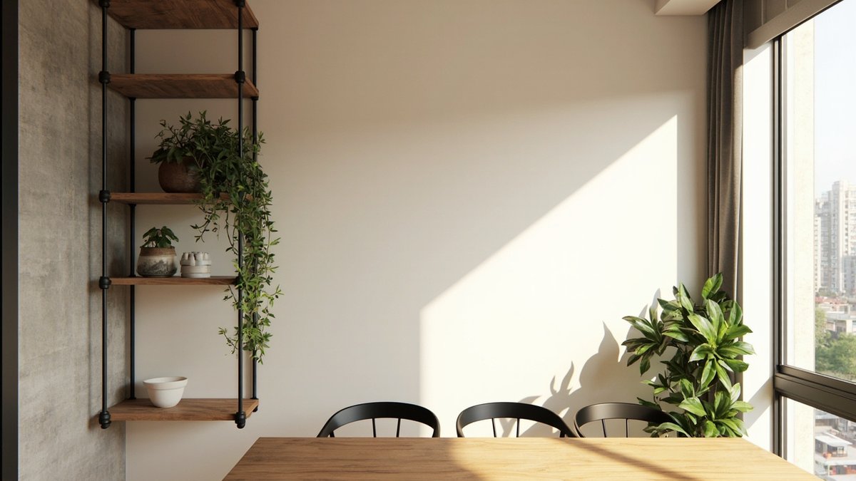 Illustrative concept design: dining area with black steel pipe shelving holding plants and white bowls beside a timber table and black chairs