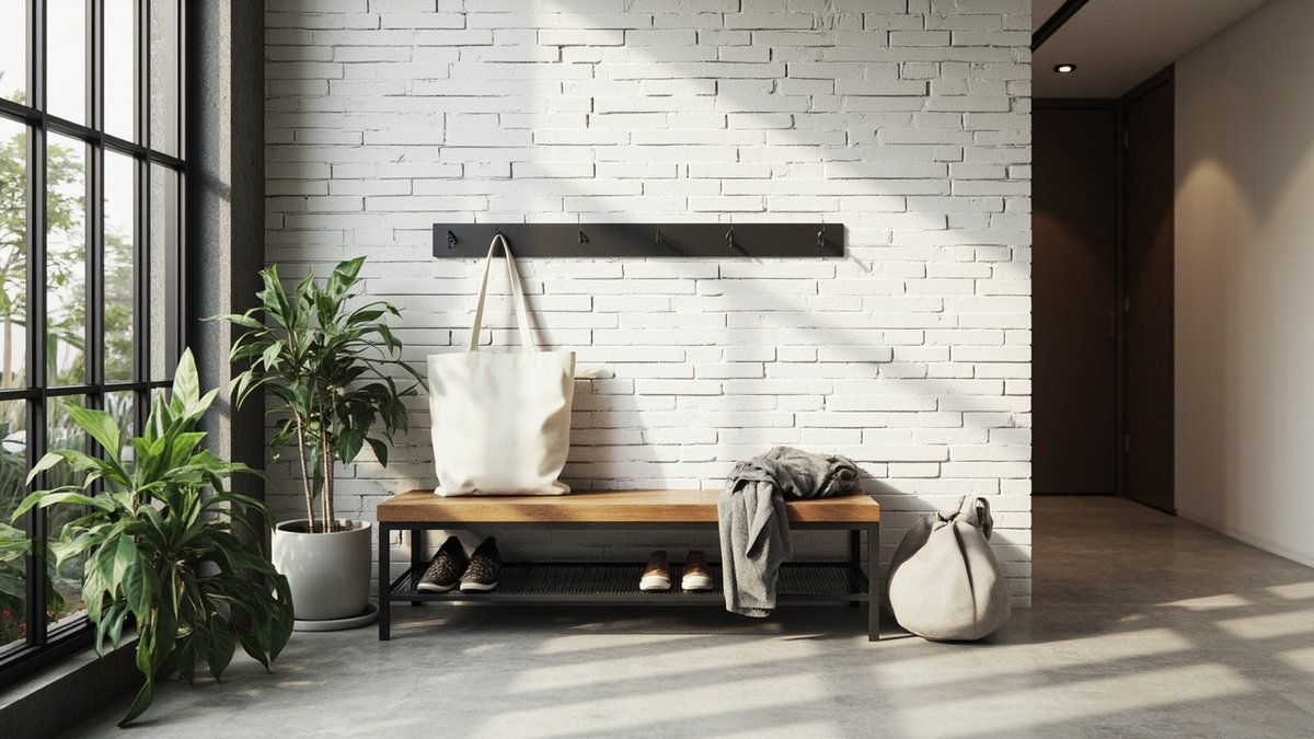Illustrative concept design: entrance with a whitewashed brick wall, a black steel hook rail and a timber-seat steel shoe bench