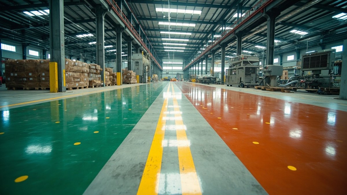 Zon lantai kilang dengan lorong konkrit gilap, kawasan epoxy hijau dan lantai PU screed bertekstur