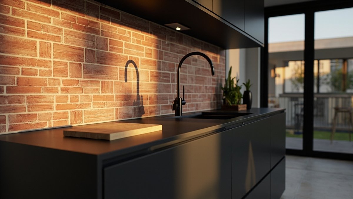 Ilustrasi konsep reka bentuk: backsplash jubin rupa bata merah-perang di belakang kabinet hitam tanpa pemegang, table top hitam dan paip leher angsa hitam