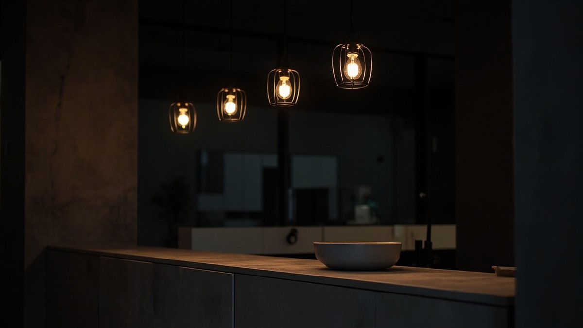 Ilustrasi konsep reka bentuk: empat lampu pendant sangkar logam hitam bermentol hangat atas kaunter dapur charcoal dengan satu mangkuk kelabu