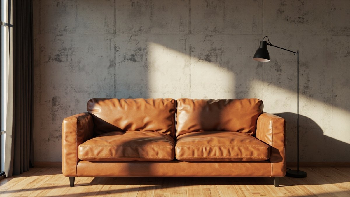 Ilustrasi konsep reka bentuk: sofa kulit cognac berlatar dinding rupa microcement kelabu dengan lampu lantai hitam