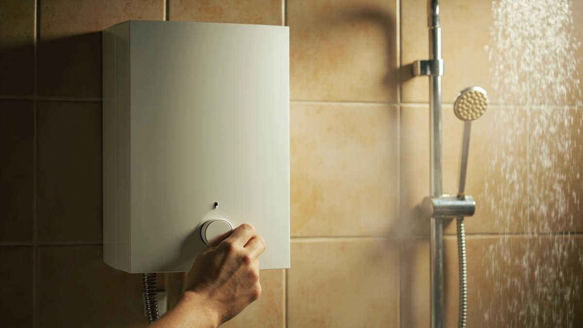 Instant water heater with built-in pump beside a rain shower in a bathroom