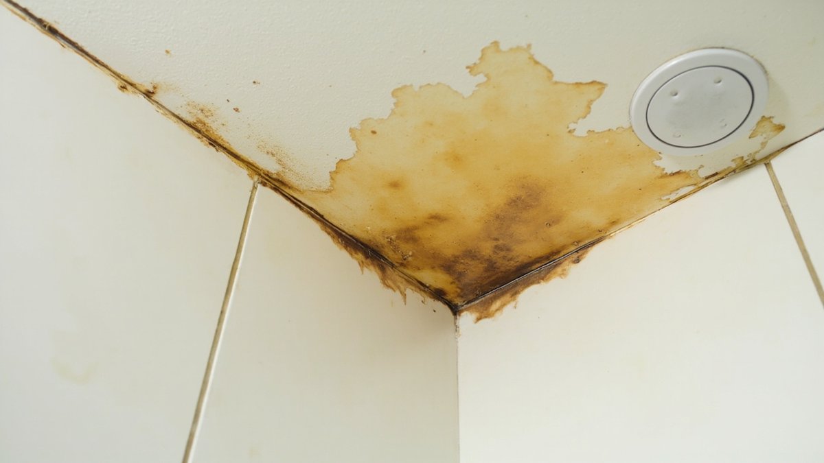Water stain spreading across a condo bathroom ceiling from a leak above