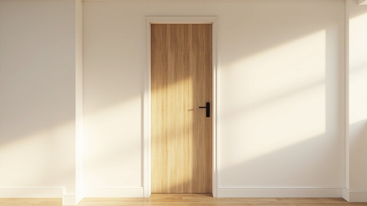 概念设计示意图：配黑色把手与白色门套的橡木纹贴面平板卧室门