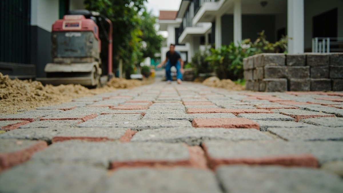 Blok konkrit interlocking disusun dalam corak herringbone di atas pasir alas untuk laluan kereta rumah