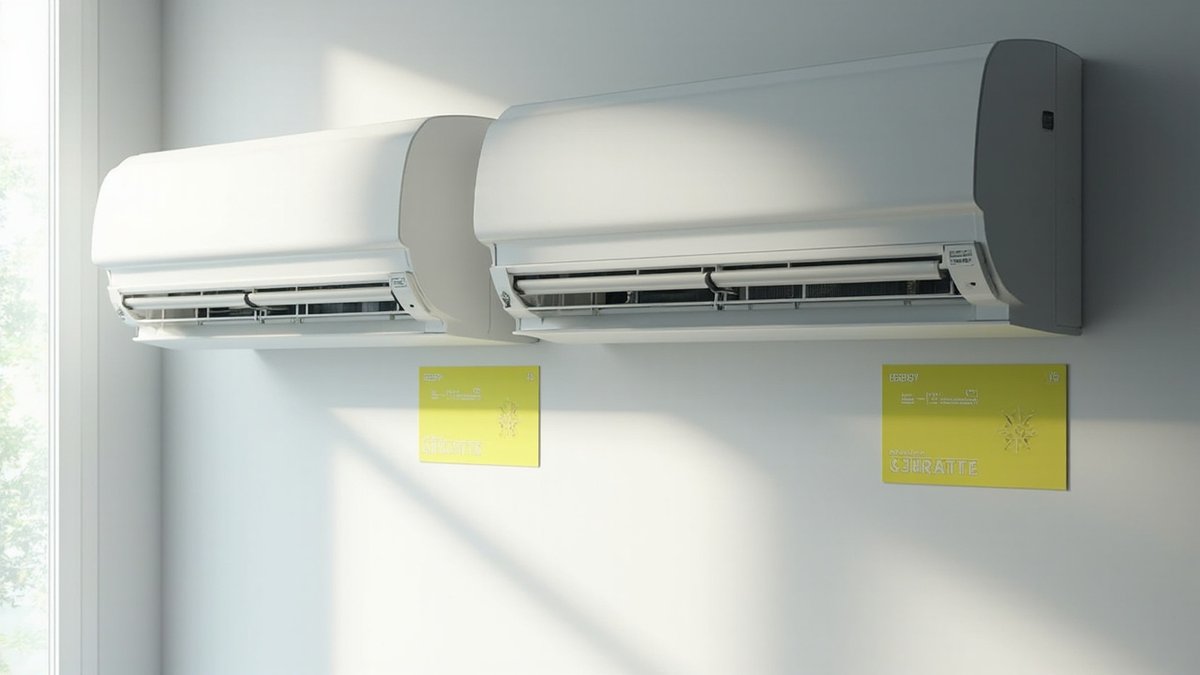 Two split-unit air conditioners with an energy-efficiency label