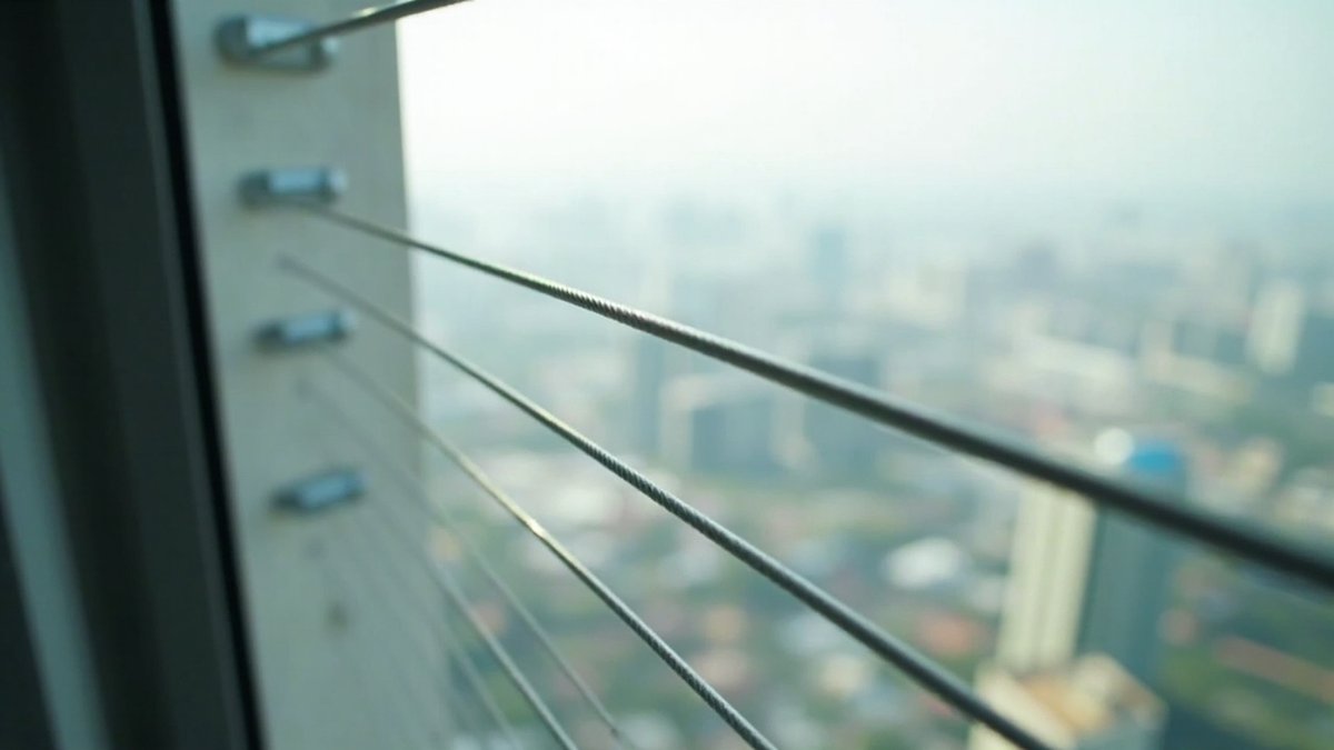 Condominium balcony fitted with stainless steel invisible grille cables and a city view