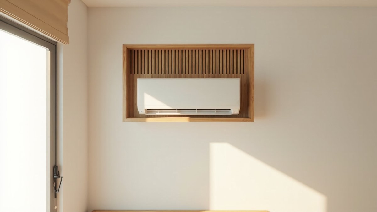 Ilustrasi konsep reka bentuk: unit aircond dinding putih di dalam bingkai oak dengan bilah menegak di atasnya
