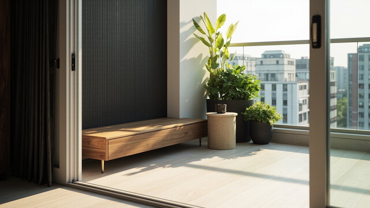 Illustrative concept design: Japandi condo balcony with a low walnut bench, a dark woven screen and charcoal plant pots