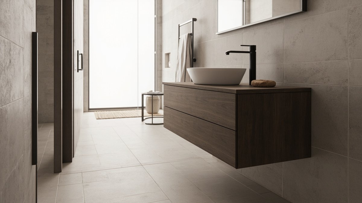 Illustrative concept design: Japandi bathroom with warm grey stone-look tiles and a floating walnut vanity with a round white basin