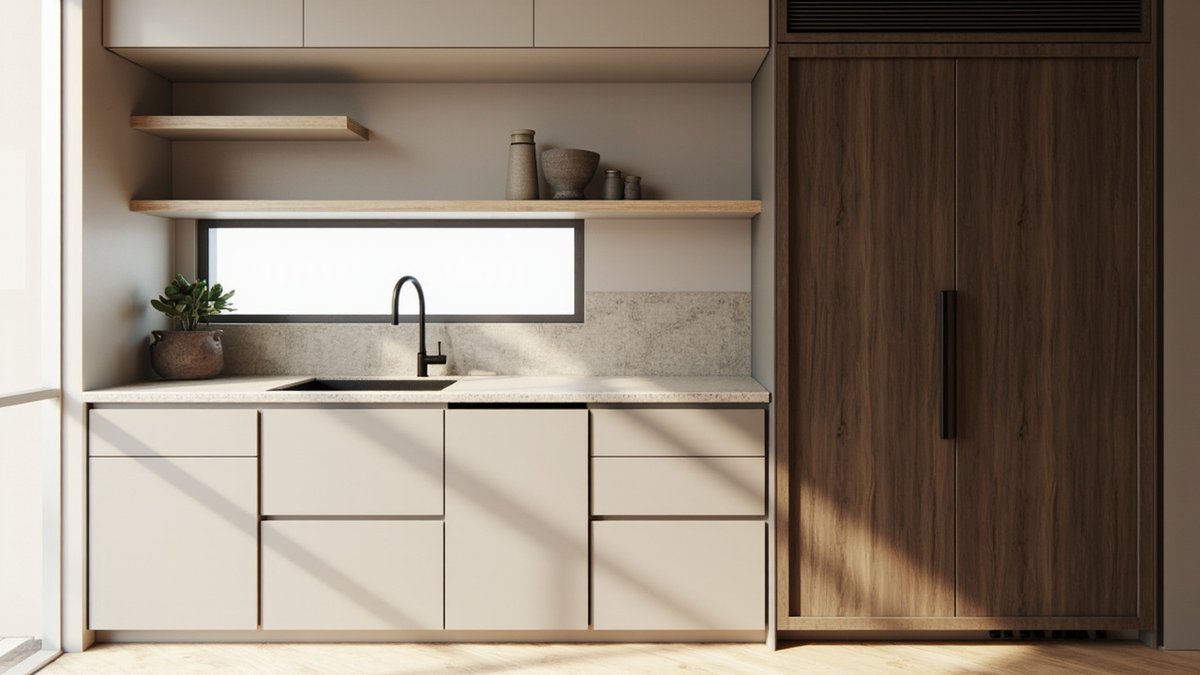 Illustrative concept design: Japandi kitchen with matte greige cabinets, pale oak floating shelves and a tall walnut unit