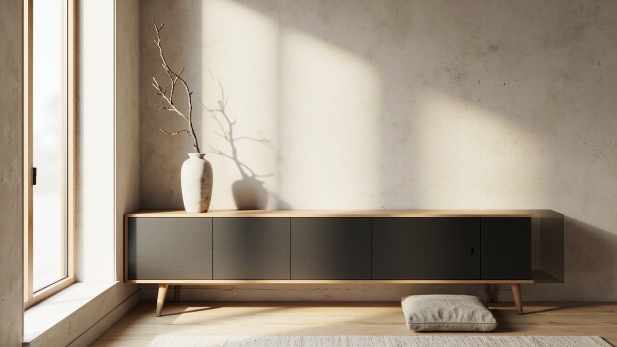 Illustrative concept design: Japandi living room corner with a mottled greige limewash wall and a low charcoal and oak sideboard