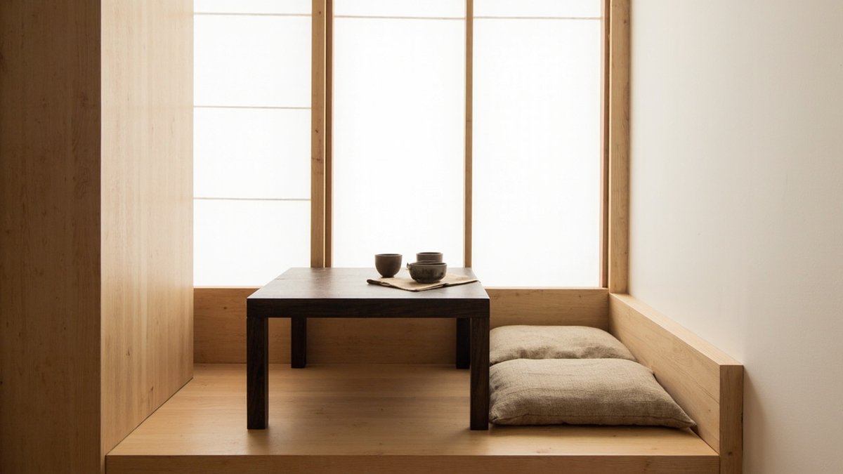 Illustrative concept design: Japandi tea nook with a small walnut low table on a pale oak platform and white paper shoji screens