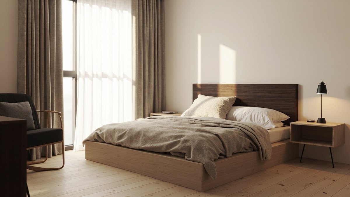 Illustrative concept design: Japandi master bedroom with a low pale oak platform bed and a wide dark walnut headboard panel