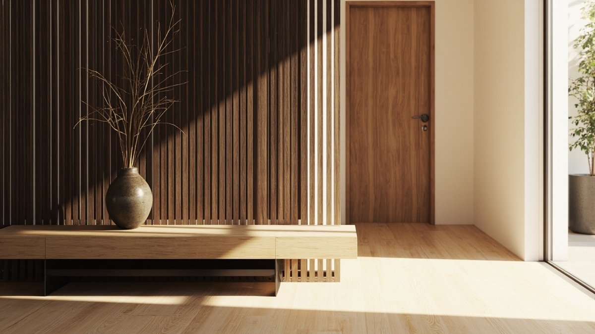 Illustrative concept design: Japandi condo entrance with a floor-to-ceiling walnut slat screen, a low oak bench and a stoneware vase