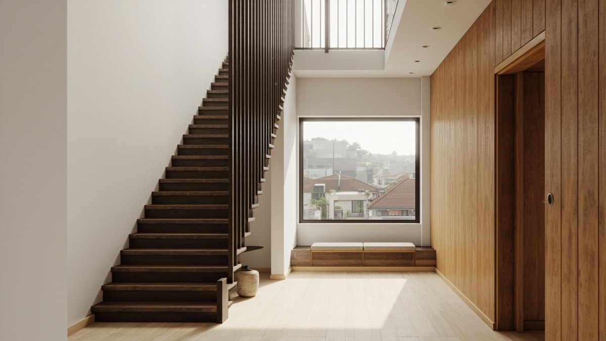 Illustrative concept design: Japandi terrace stairwell with a dark timber stair and full-height walnut slats along its open side
