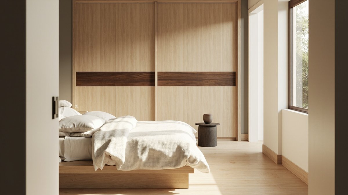 Illustrative concept design: Japandi bedroom with a full-height pale oak wardrobe crossed by a walnut band behind a low oak bed