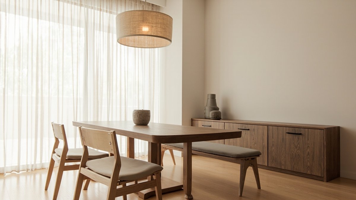 Illustrative concept design: Japandi dining area with a walnut table, pale oak chairs and bench and a wide linen drum pendant