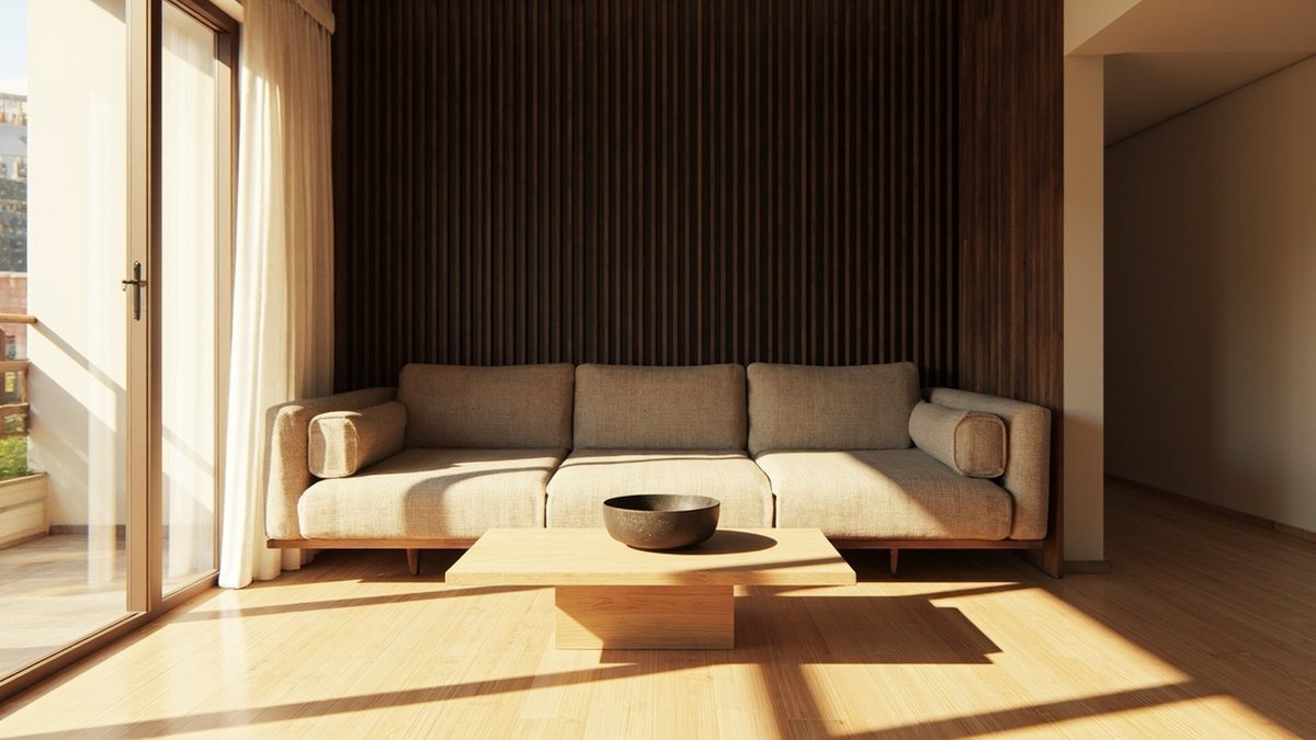 Illustrative concept design: Japandi living room with a full dark walnut slat wall behind a low oatmeal linen sofa and a pale oak table