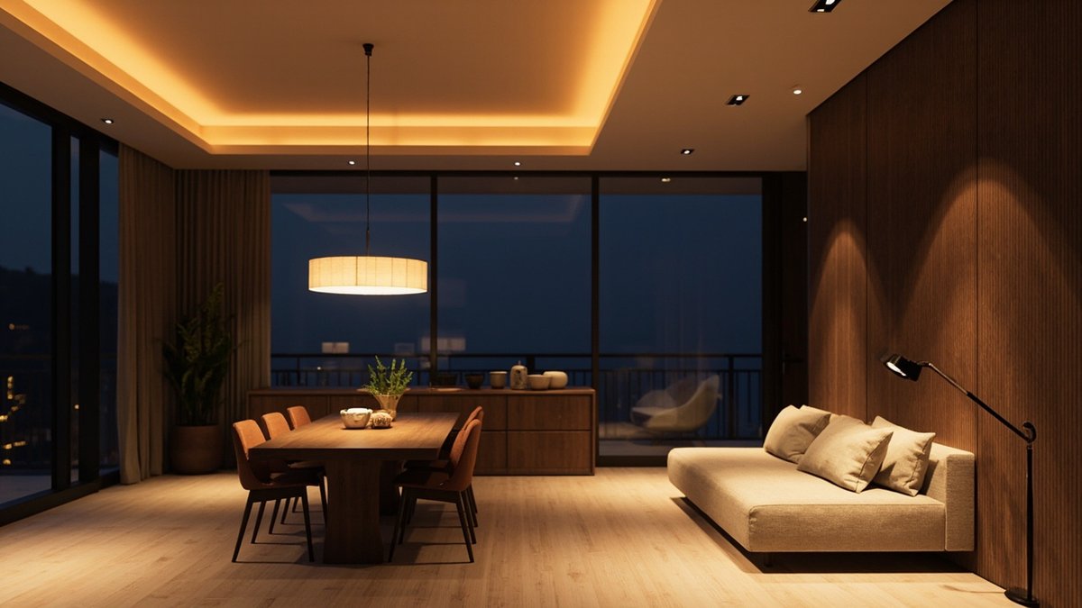 Illustrative concept design: Japandi living and dining area at night with a warm ceiling cove, a linen pendant and a walnut wall