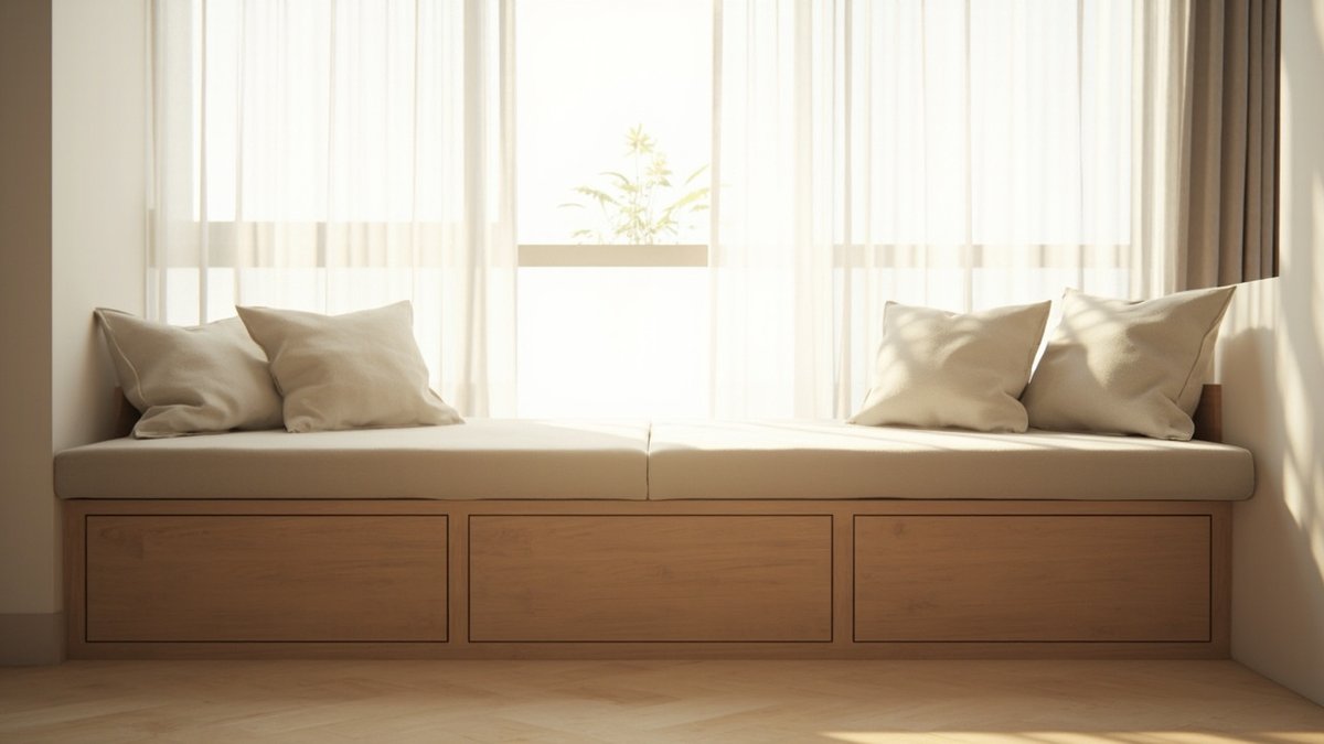 Illustrative concept design: long built-in oak bench with three drawers and linen cushions under a sheer-curtained window