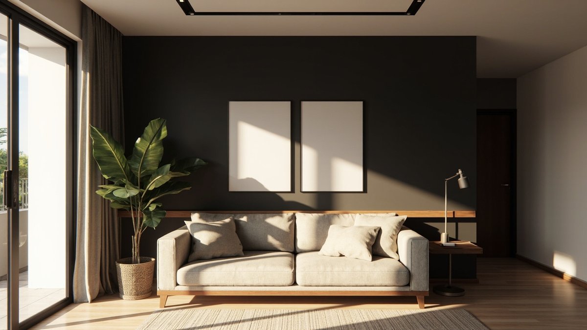 Illustrative concept design: deep charcoal wall with two plain pale frames above a linen sofa and an oak ledge behind it