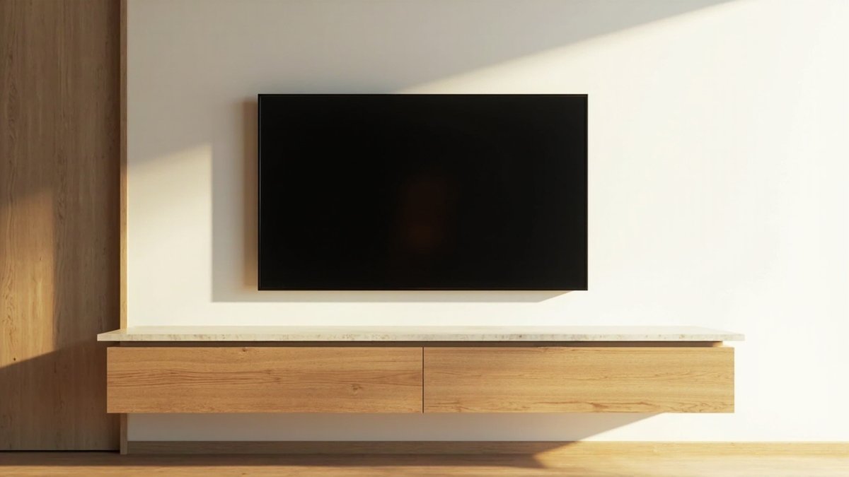 Illustrative concept design: floating two-drawer oak console with a pale stone-look top under a black wall-mounted TV on a plain wall